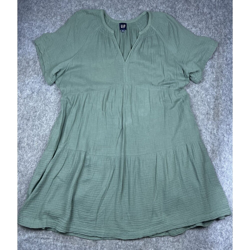 Gap Women's Crinkle Dress Green Soft Gauze Cotton Relaxed Fit Pockets Size XL